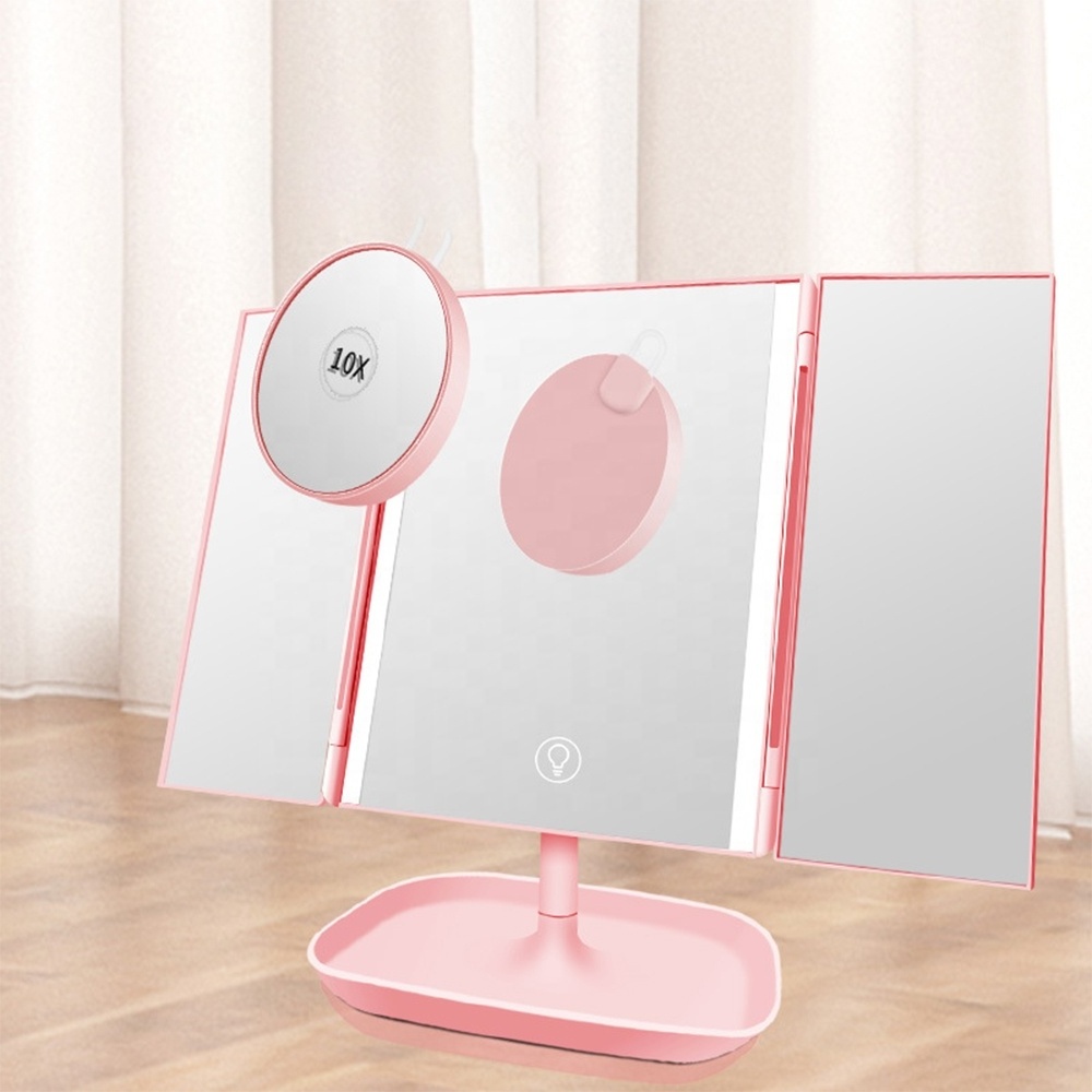 New 10X Magnifier Touch Screen Magnifying Rotating Desktop Dimmer Lighted Make Up Mirror Folding Vanity Makeup Mirror With Light