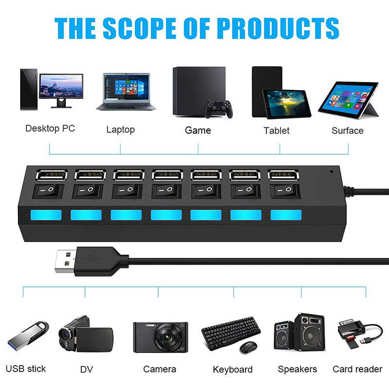 LCC374 High Speed 3.0 Independent Switch Adapter Super Fast 7 USB Port HUB for PS4 Slim/Pro Computer Laptop PC Powered USB HUB