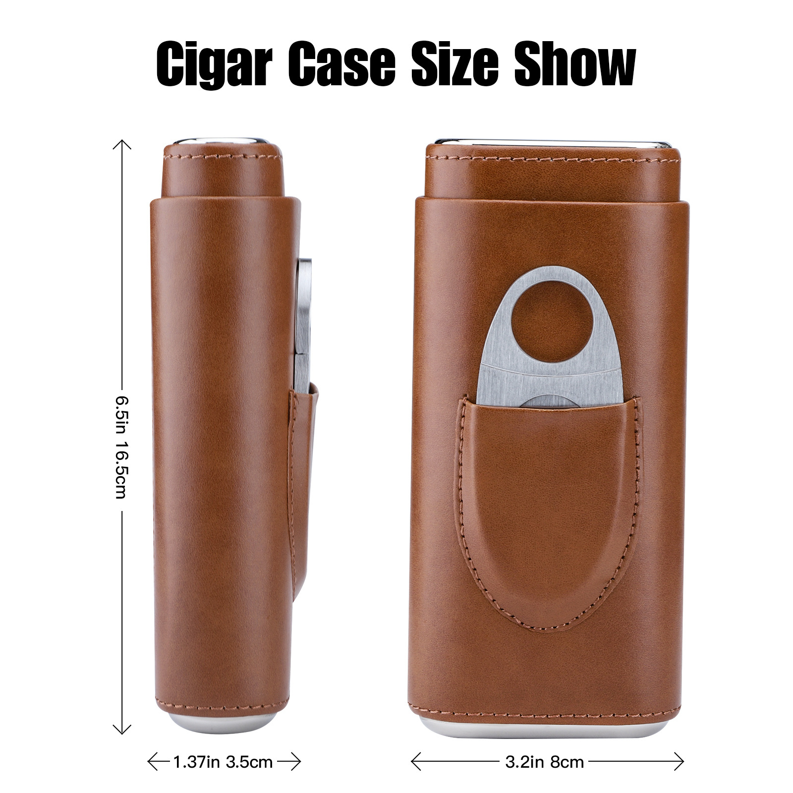 WSY Premium 3-Finger Brown Leather Cedar Wood Lined Cigar Case Humidor with Silver Stainless Steel Cutter for Travel