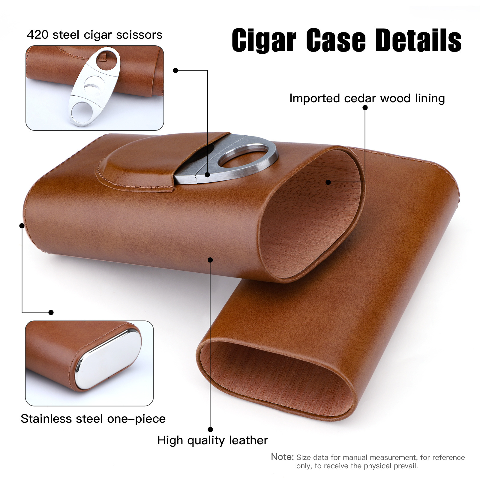 WSY Premium 3-Finger Brown Leather Cedar Wood Lined Cigar Case Humidor with Silver Stainless Steel Cutter for Travel