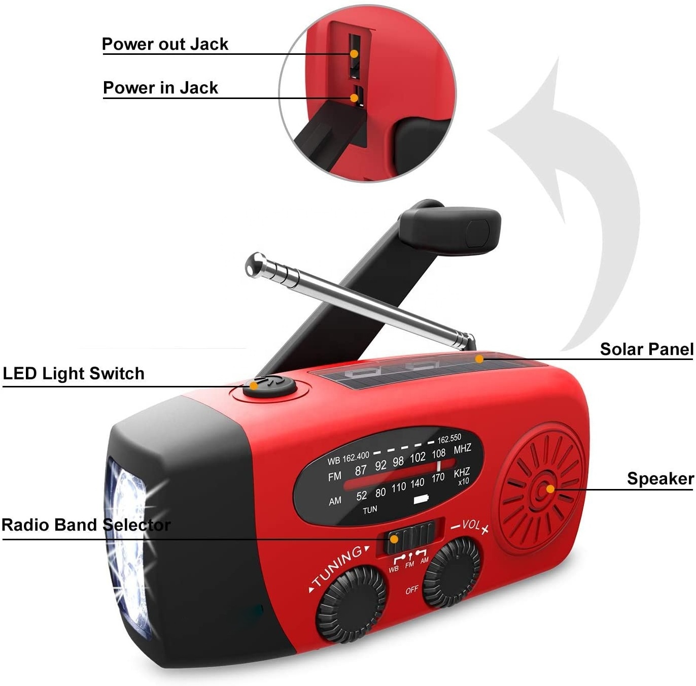 CJ2000mAh Portable Rechargeable Emergency Solar Hand Crank Radio WB/NOAA with Phone Charger and LED Torch FM Emergency Radio