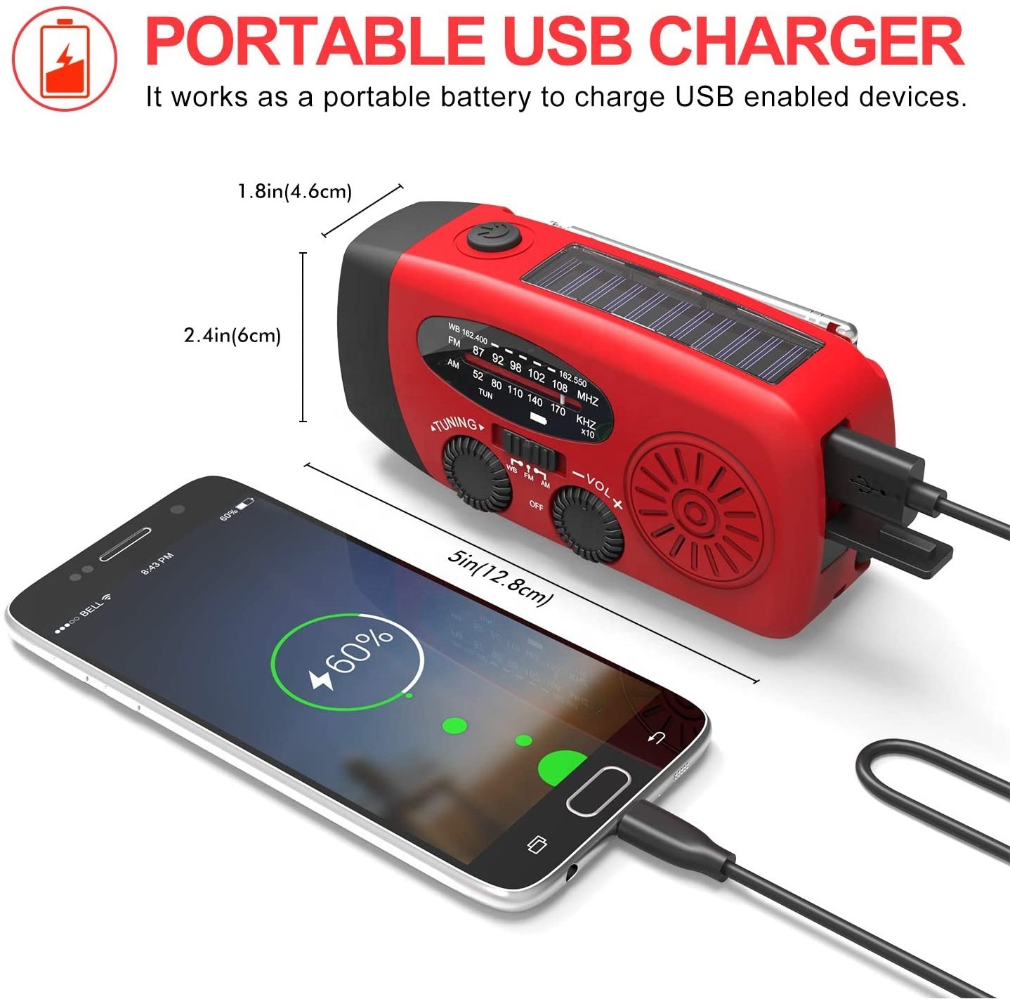 CJ2000mAh Portable Rechargeable Emergency Solar Hand Crank Radio WB/NOAA with Phone Charger and LED Torch FM Emergency Radio