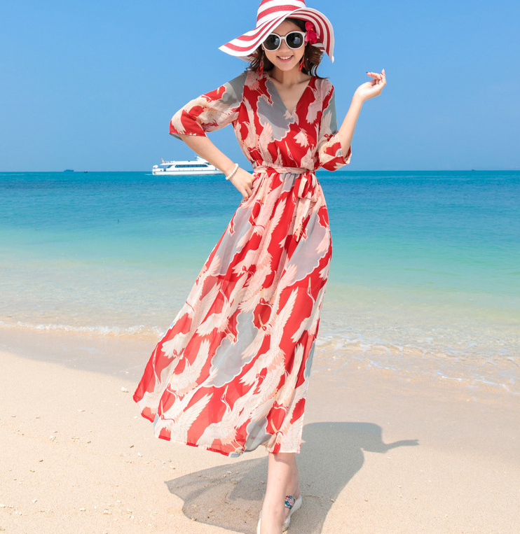 Beach dress girl beach holiday Bohemian long skirt chiffon dress of Thailand fairy chic super fairy slim