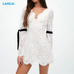 2024 ropa de mujer New Lace Tight Dress Flare Wave Hem Long Sleeves with Black Strap Design Elegant White Party Dress