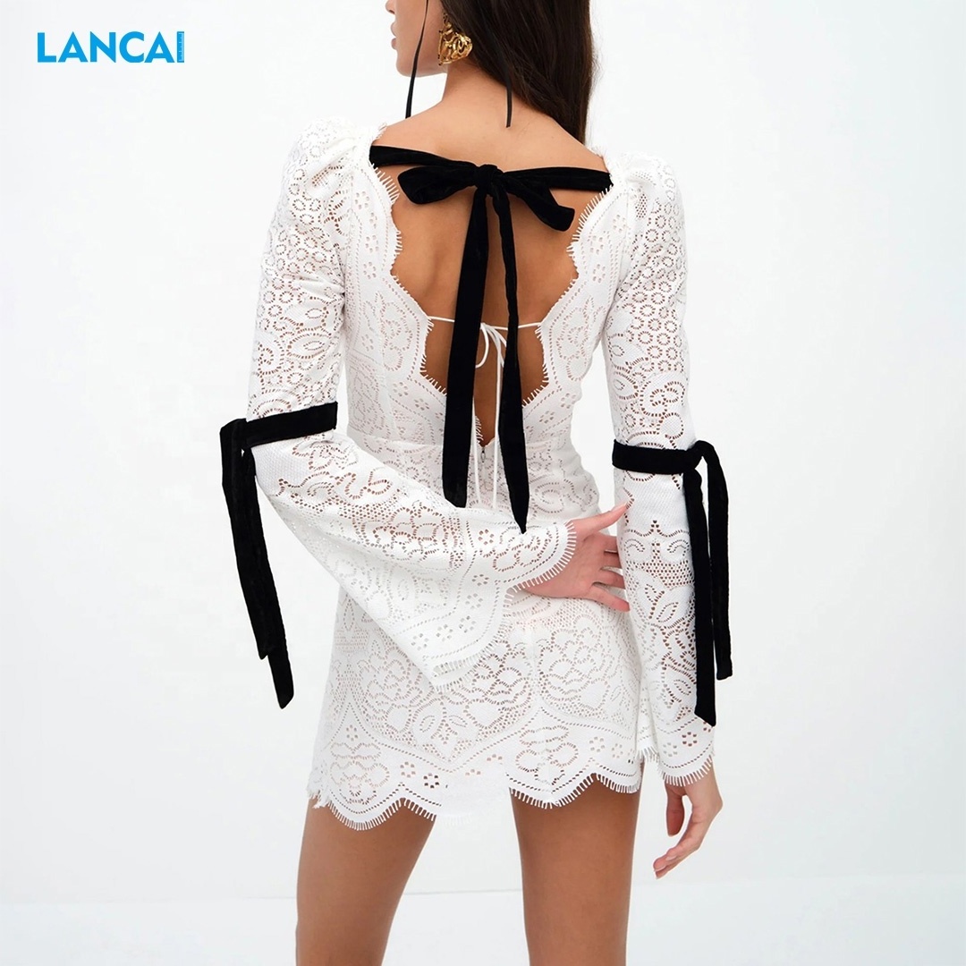 2024 ropa de mujer New Lace Tight Dress Flare Wave Hem Long Sleeves with Black Strap Design Elegant White Party Dress