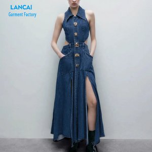 Custom Dresses Women Single breasted Midi Dress Vintage  Party Denim Dress