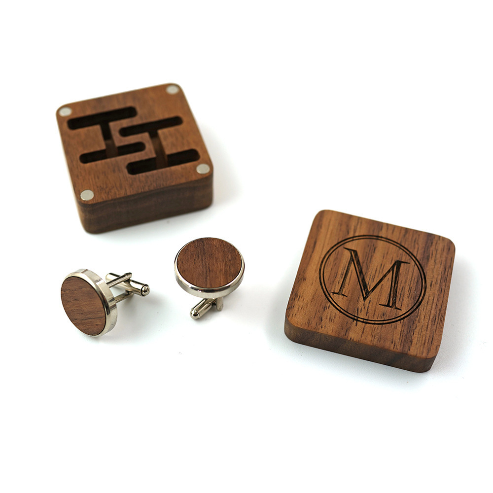 Custom Engrave Logo Walnut Storage Display Gift Packaging Wooden Cufflink Box Cufflinks for Men Luxury