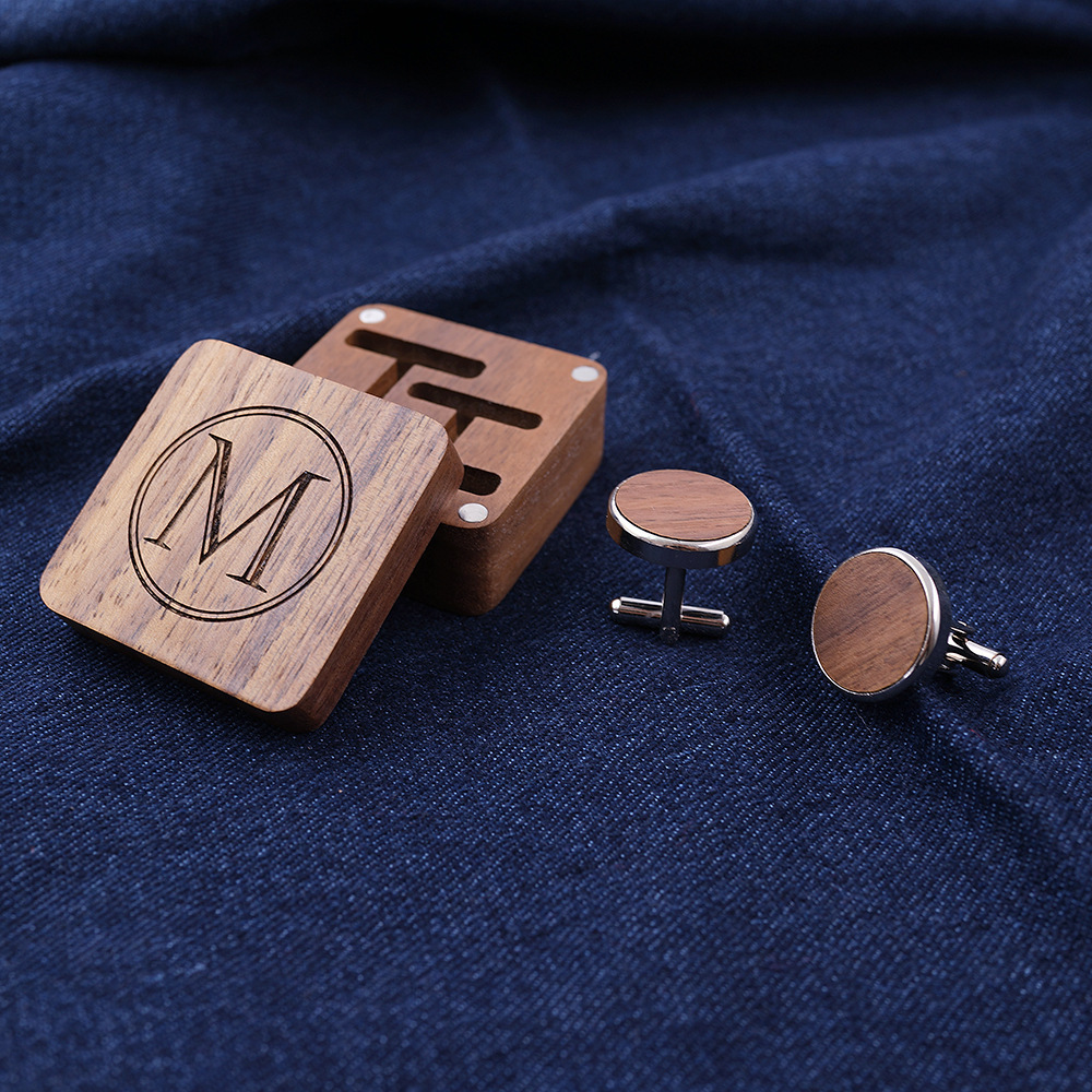 Custom Engrave Logo Walnut Storage Display Gift Packaging Wooden Cufflink Box Cufflinks for Men Luxury