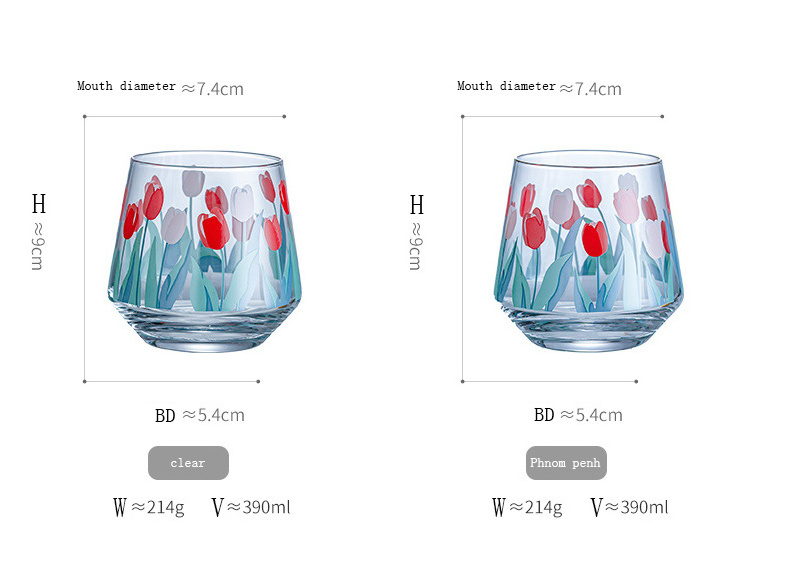 popular 400ml handmade decals, clear glass cup & juice cup & Tulip pattern & coffee cup