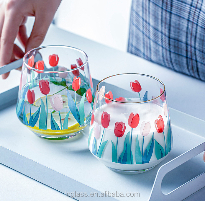 popular 400ml handmade decals, clear glass cup & juice cup & Tulip pattern & coffee cup