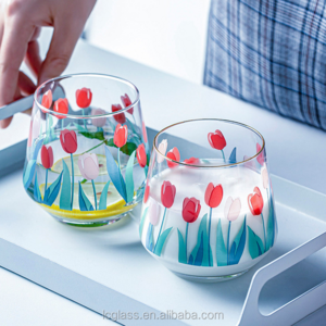 popular 400ml handmade decals, clear glass cup & juice cup & Tulip pattern & coffee cup