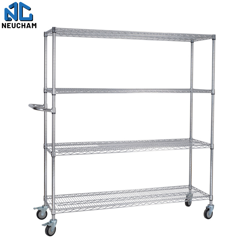 Factory supply four tiers carbon steel chrome plating ESD storage shelf trolley wire mesh shelving cart for industrial using