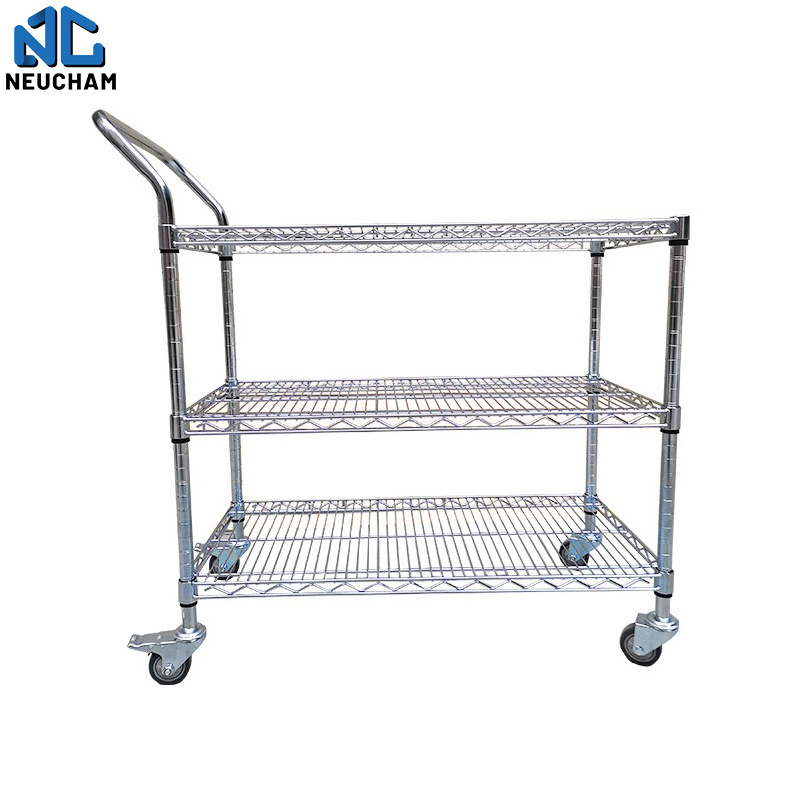 Carbon steel moveable industrial heavy duty double handle trolley wire mesh truck three layers cart with casters