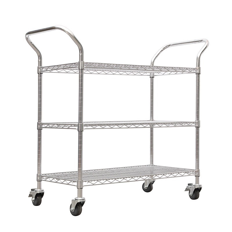 Carbon steel moveable industrial heavy duty double handle trolley wire mesh truck three layers cart with casters