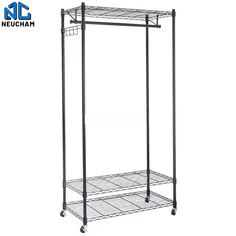 Steel adjustable movable freestanding single handing rod wardrobe rack cloth drying storage shelf with four wheels