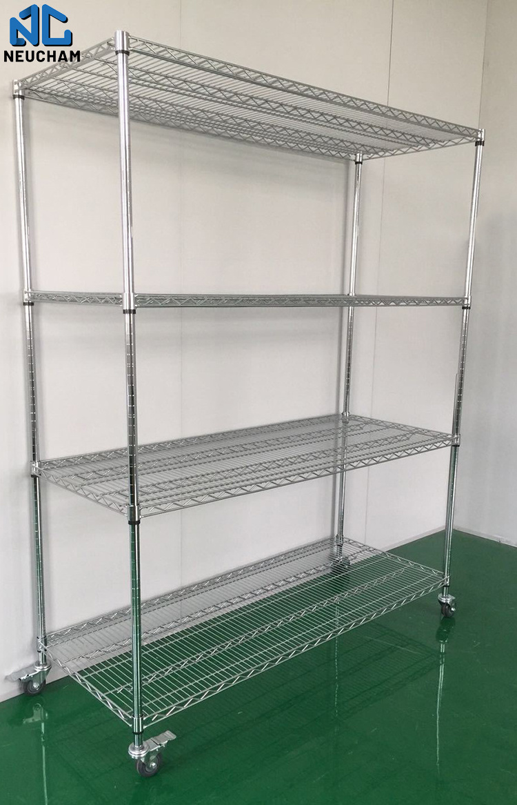 Factory supply four tiers carbon steel chrome plating ESD storage shelf trolley wire mesh shelving cart for industrial using