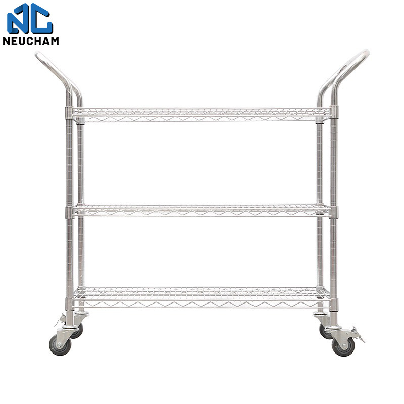 Carbon steel moveable industrial heavy duty double handle trolley wire mesh truck three layers cart with casters