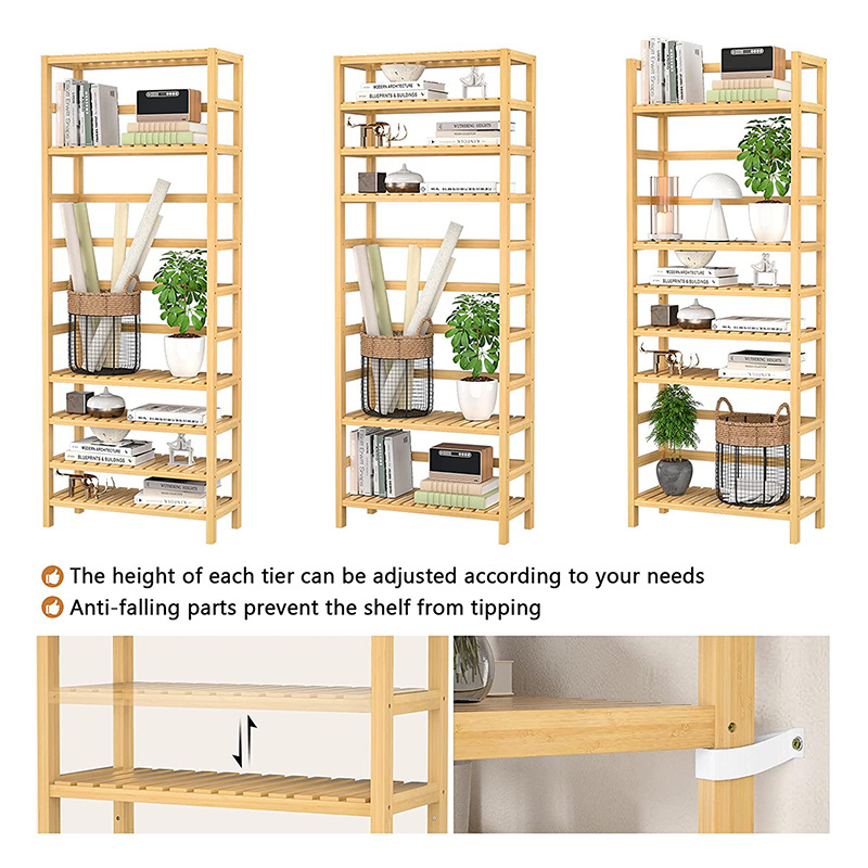 Wholesale 6 Tiers Bamboo Adjustable Tall Bookcase Book Shelf Rack Organizer Shelving Unit Free Standing Storage for Living Room