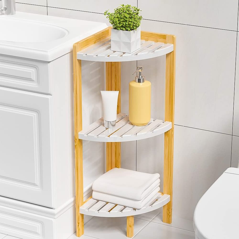 Eco-Friendly White Bookcase Storage Display Organizer Kitchen Storage Stand 3 Tier Bamboo Bathroom Corner Shelf Unit