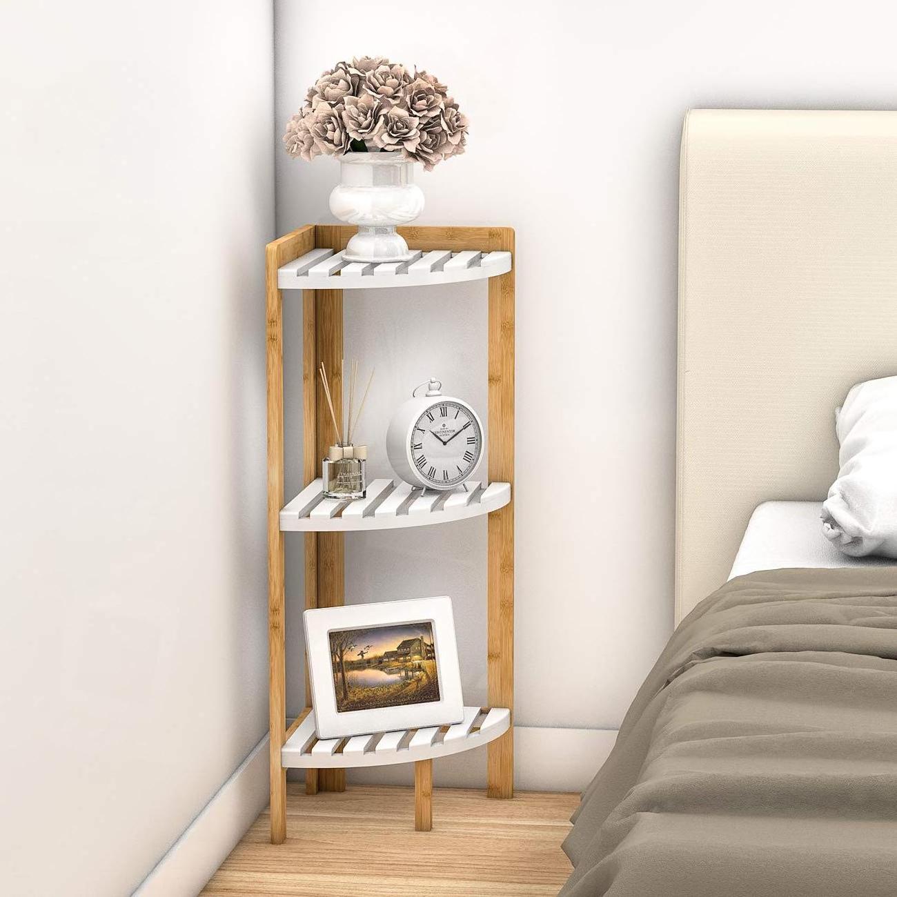 Eco-Friendly White Bookcase Storage Display Organizer Kitchen Storage Stand 3 Tier Bamboo Bathroom Corner Shelf Unit