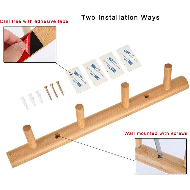 Bamboo Wooden Entryway Coat Hat Hooks 4 Pegs Wall Mounted or Door Adhesive Bathroom Kitchen Towel Rack