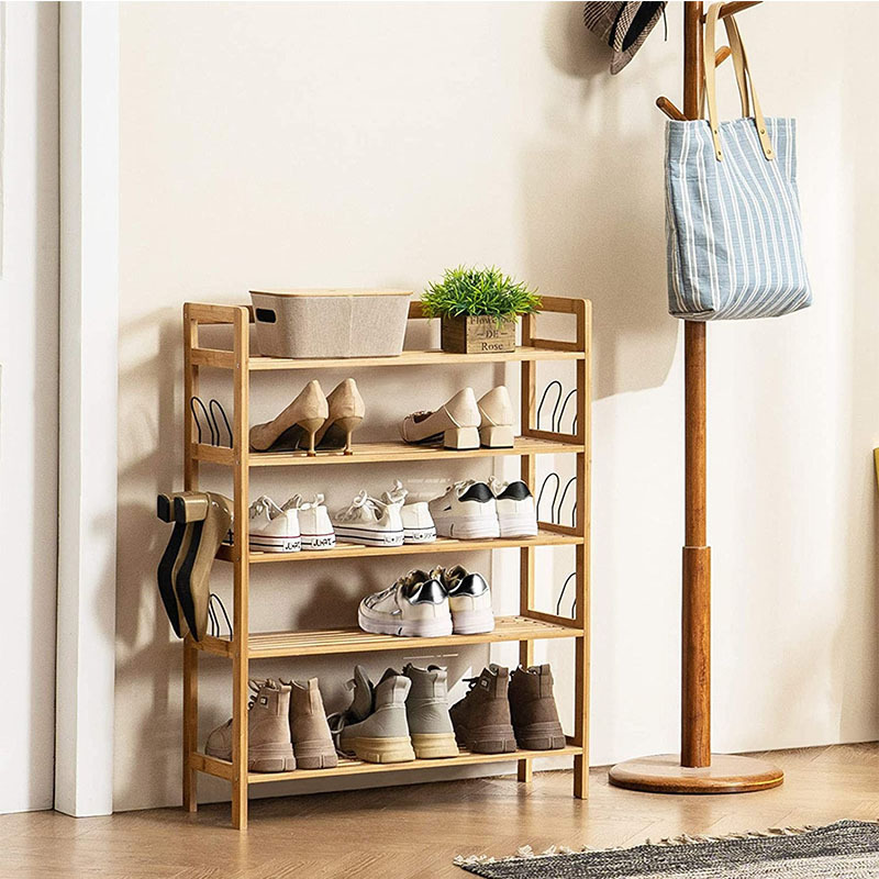 Bamboo Entryway Hallway Closet  Living Room Shoe Rack 5 Tier Wooden Shoe Shelf Storage Organizer