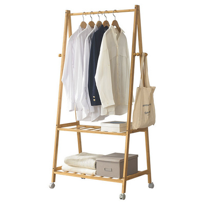 Wholesale Freestanding 2 Tiers Coat Rack Wardrobe Storage Shelves Bamboo Clothes Rack Portable Garment Rack with Wheels