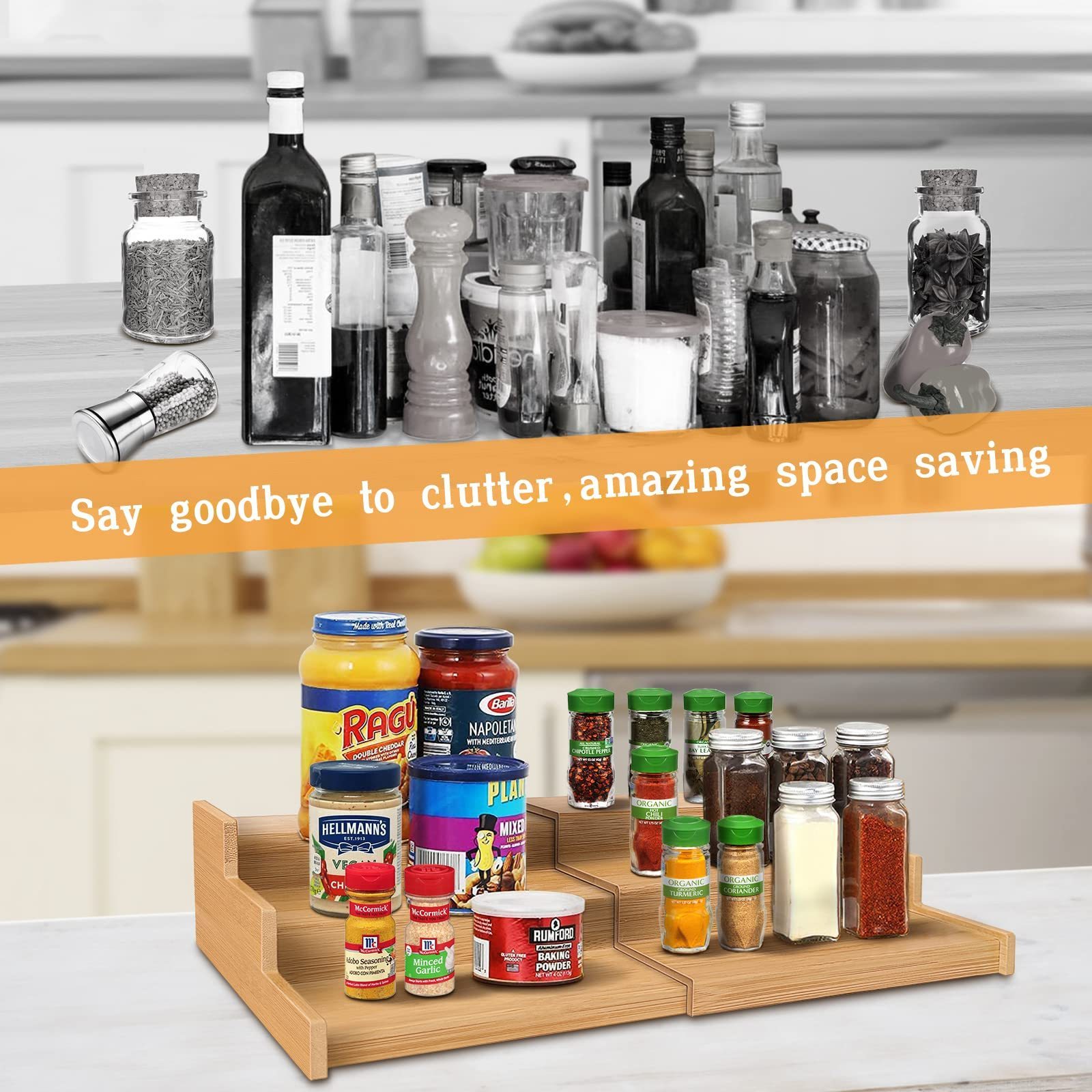 Factory Wholesale 3 Tier Expandable Cabinet Spice Rack Organizer Bamboo Spice Rack Shelf For Kitchen Cabinet