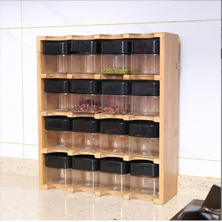 Kitchen Accessories Decorative Countertop Bamboo Storage Drawer Spice Organizer 16-cube Seasoning Shelf Wall Mount Spice Rack