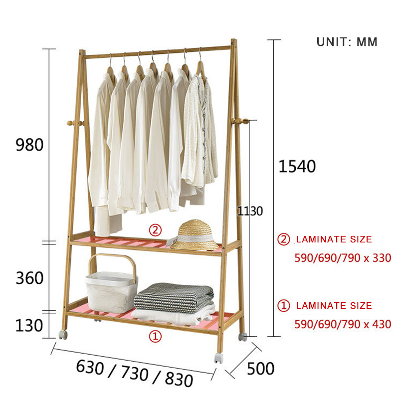 Wholesale Freestanding 2 Tiers Coat Rack Wardrobe Storage Shelves Bamboo Clothes Rack Portable Garment Rack with Wheels