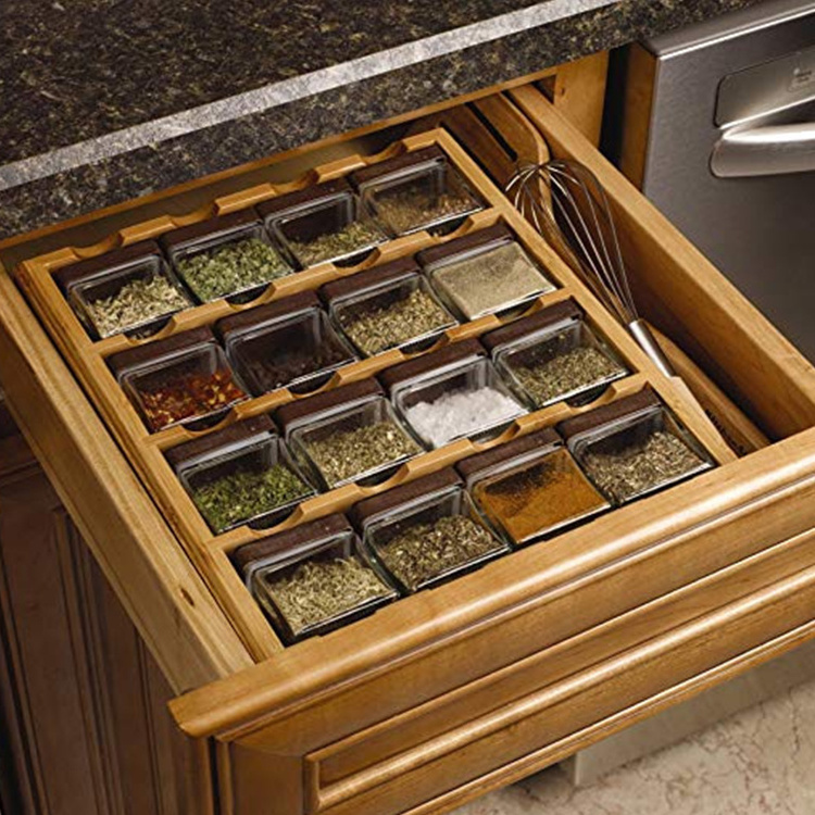 Kitchen Accessories Decorative Countertop Bamboo Storage Drawer Spice Organizer 16-cube Seasoning Shelf Wall Mount Spice Rack