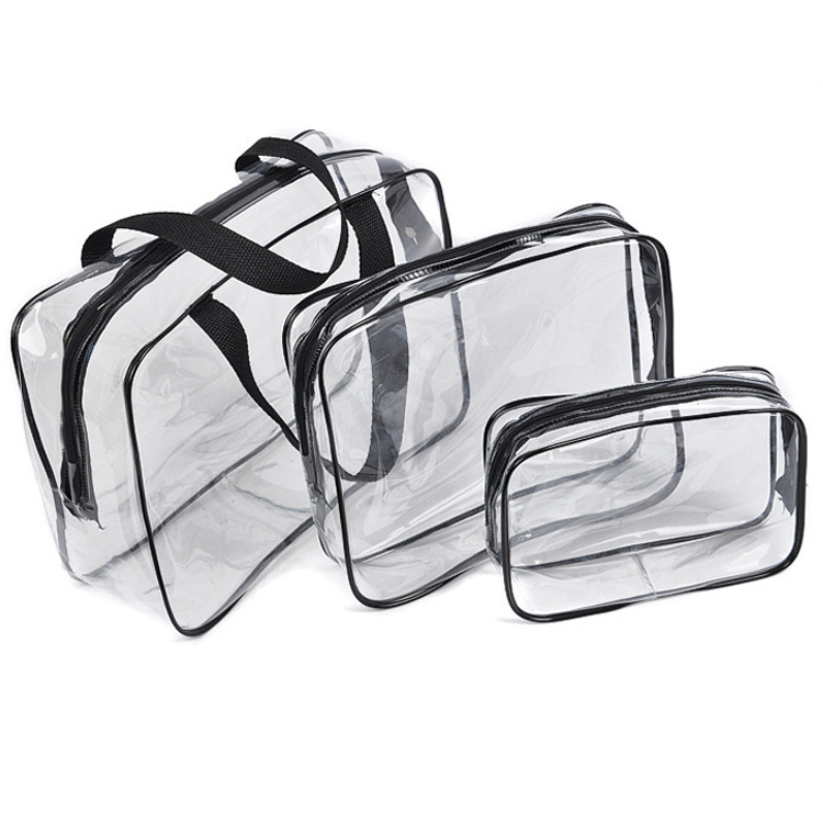 Custom Cheap 3pcs Clear Vinyl Air Travel Reusable Folding Cosmetic Hanging Toiletry Bag