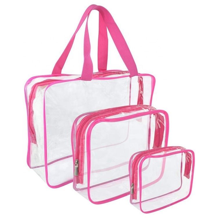 Custom Cheap 3pcs Clear Vinyl Air Travel Reusable Folding Cosmetic Hanging Toiletry Bag