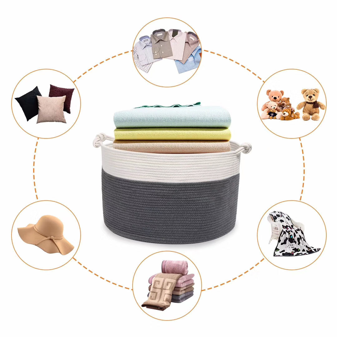 KUYUE Foldable Cotton Rope Woven Storage Basket Storage Bin for Baby Nursery Basket Opp Bag Clothing Organizer Modern Folding