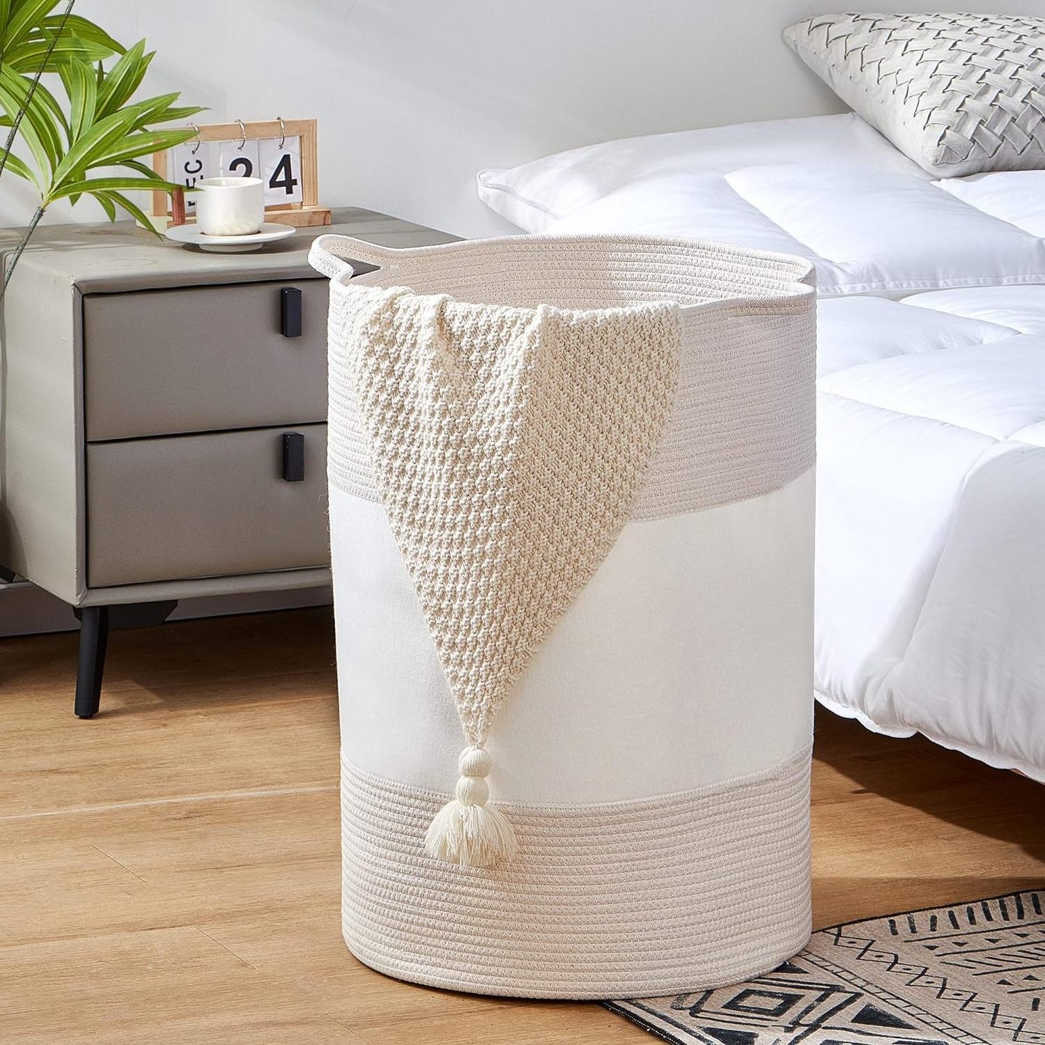 KUYUE Jumbo Cotton Laundry Basket Tall Woven Hamper Use Foldable Opp Bag Folding for Blanket and Toy Storage in Nursery for Home