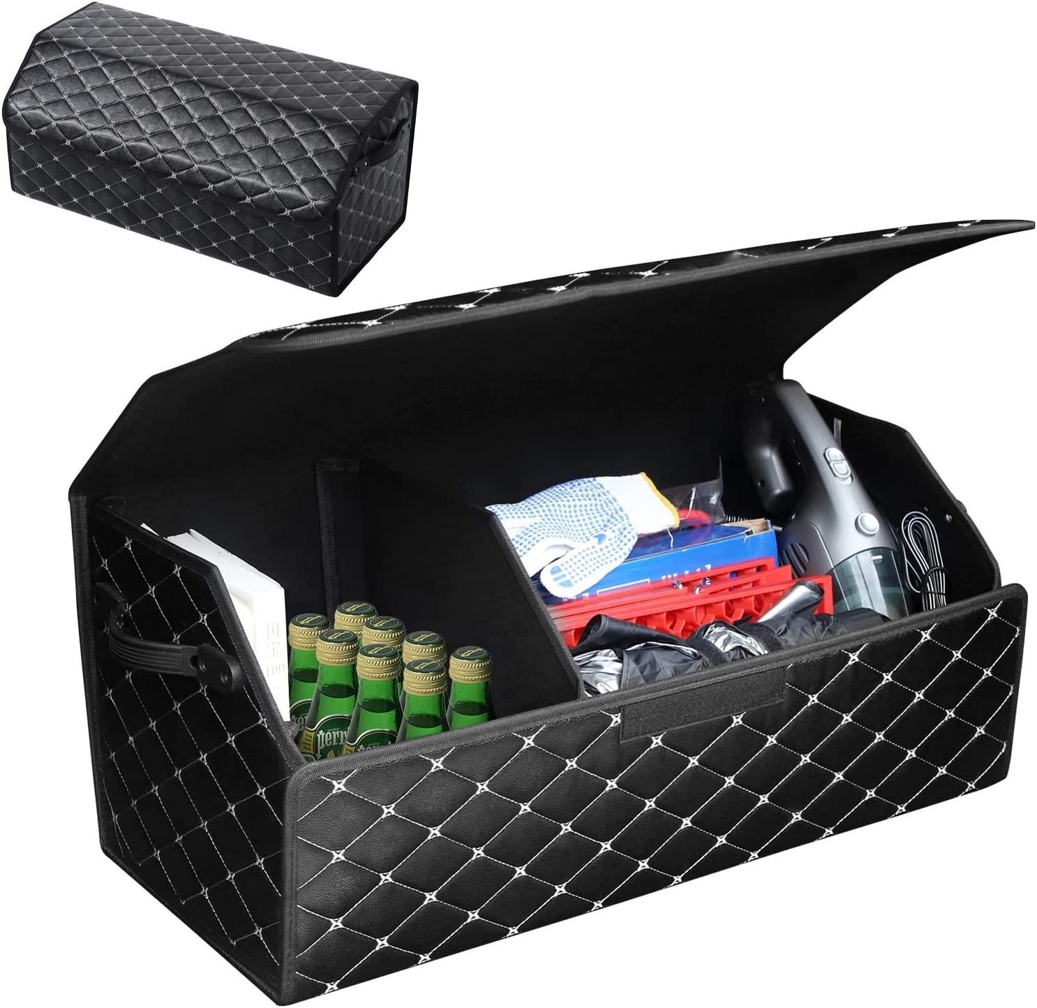 KUYUE Car Leather Trunk Organizer Storage Box,Collapsible Car Storage Organizer with Lid, Portable Vehicle Storage Box