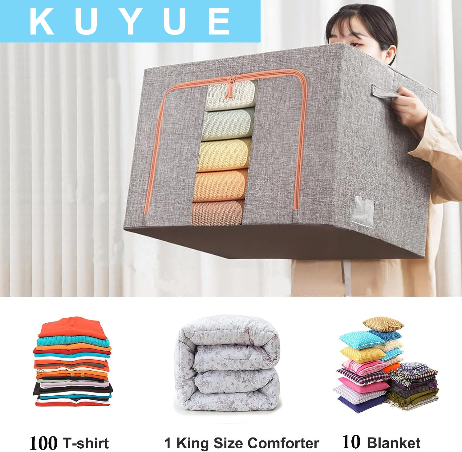 KUYUE Large Clothes Storage Bags, Stackable Storage Bins with Hold Shape Metal Frame, Foldable Closet Organizer Storage