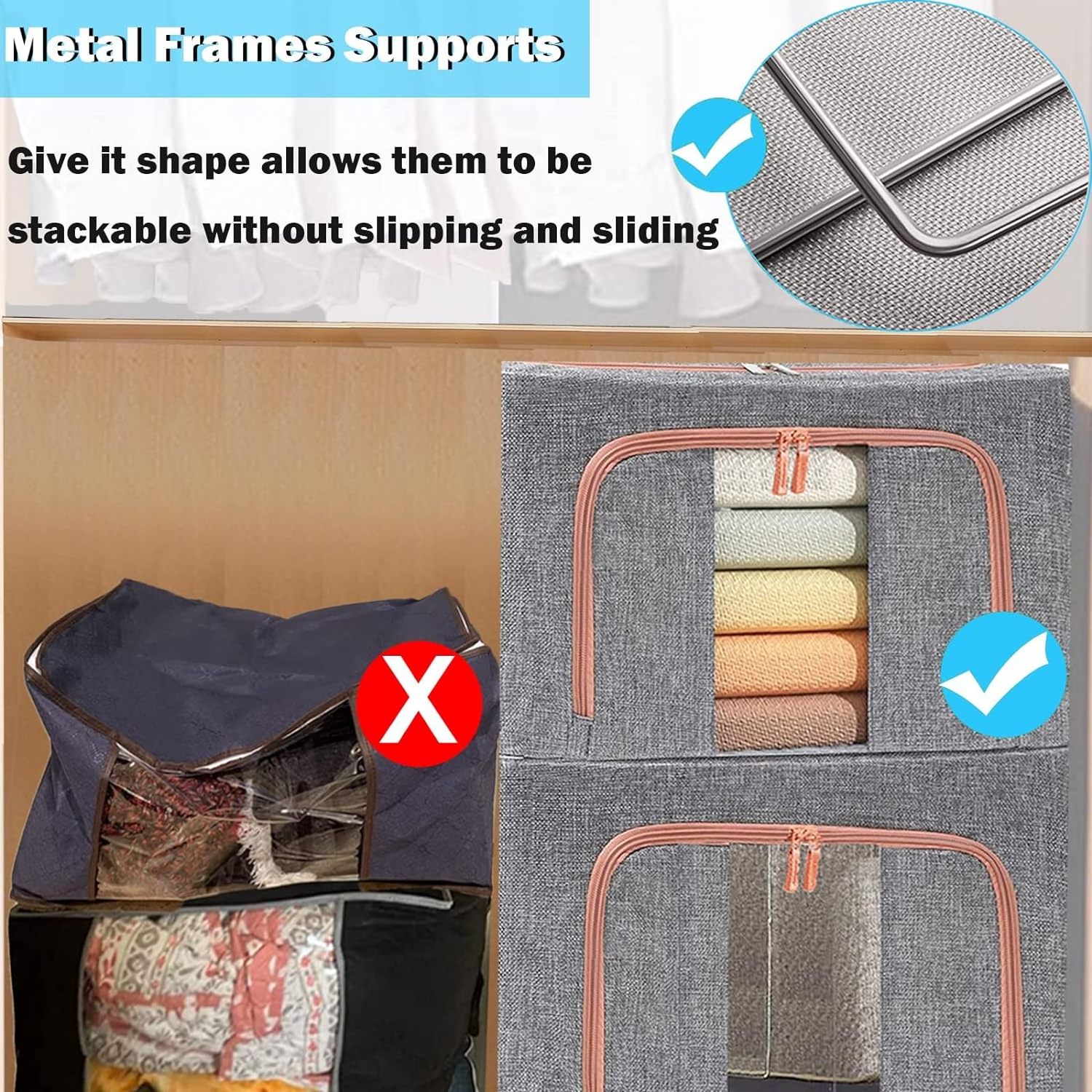 KUYUE Large Clothes Storage Bags, Stackable Storage Bins with Hold Shape Metal Frame, Foldable Closet Organizer Storage