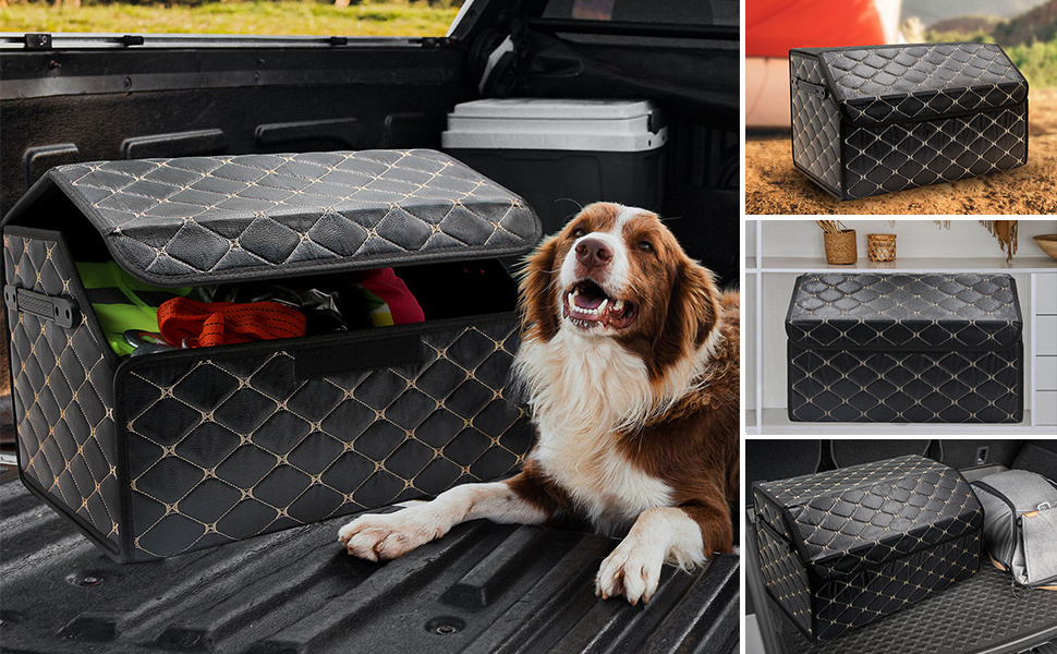 KUYUE Car Leather Trunk Organizer Storage Box,Collapsible Car Storage Organizer with Lid, Portable Vehicle Storage Box