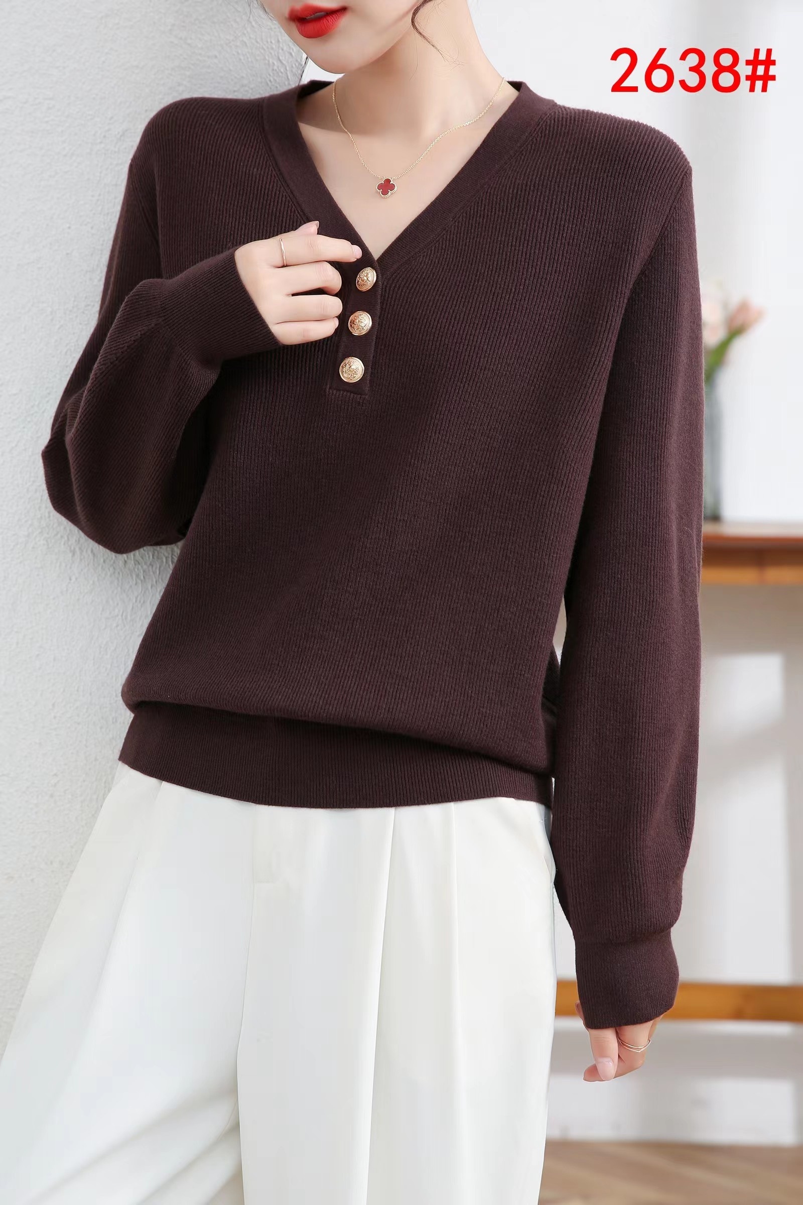 Preppy Style Women's Tops Button Knitted Sweater V Neck Long Sleeves Metal Standard Autumn Pullovers Crochet Long Sleeve Jacket