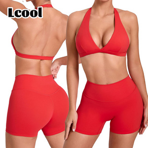 Lcool wholesale halter sports bra 2 pcs yoga sets custom logo workout wear tight sportswear gym fitness short sets