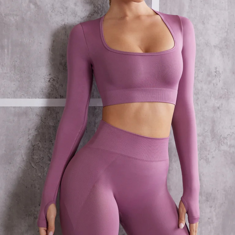 Lcool custom active wear gym fitness sets seamless high waist 2 pieces set longsleeves workout sets for women with logo