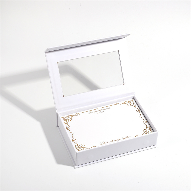 Gold logo stamped false nails packaging magnet closure white cardboard paper gift box press on nail boxes with clear PVC window