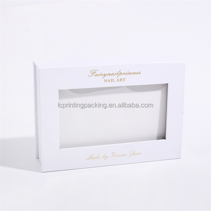 Gold logo stamped false nails packaging magnet closure white cardboard paper gift box press on nail boxes with clear PVC window