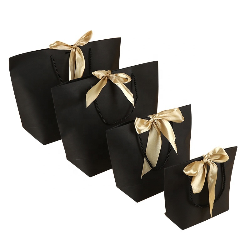 High quality factory wholesale black kraft paper gift shopping bags with golden ribbon bow