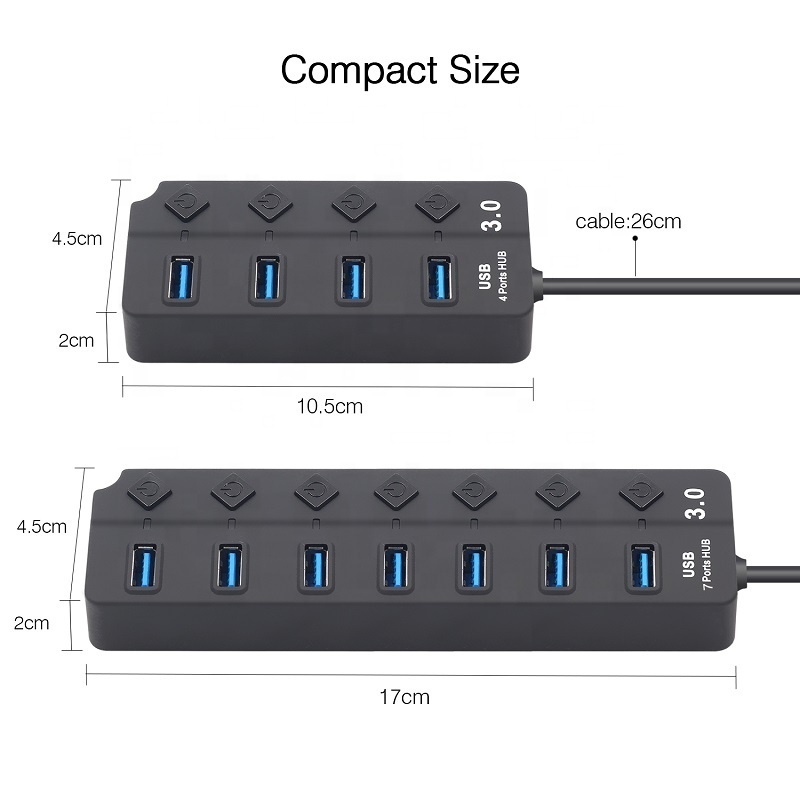 7 Port USB 3.0 Spliter Hub with Individual Power Switches for Laptop