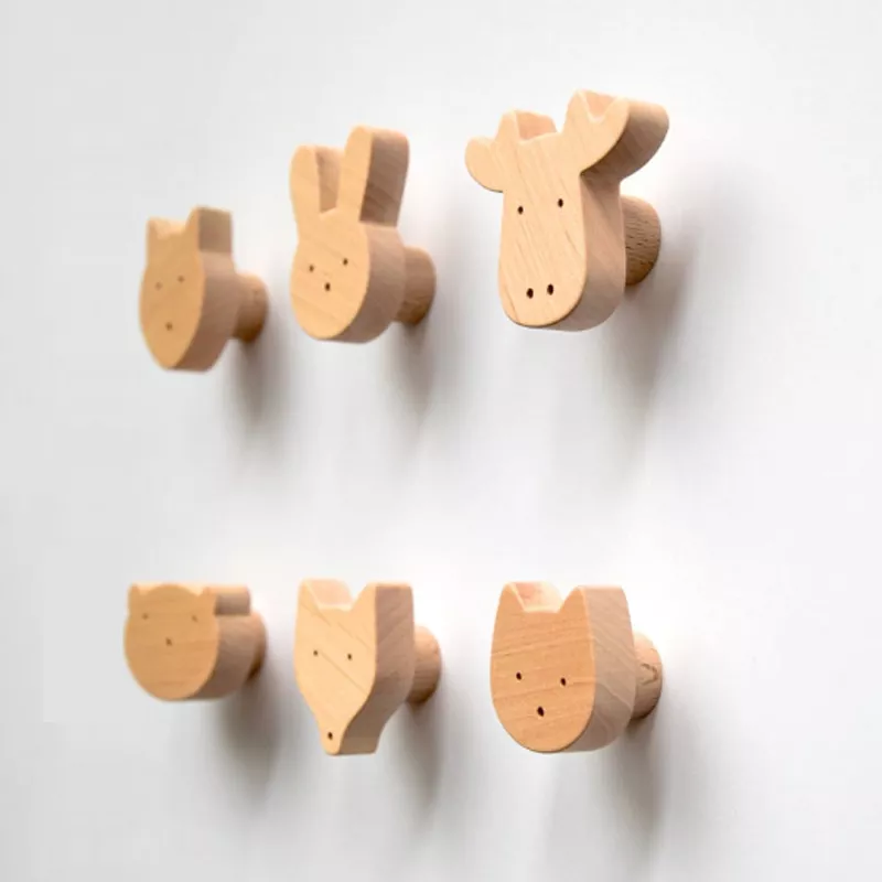 untreated beech wood elephant/lion/giraffe animals knobs button hooks  handles animals wooden for drawers