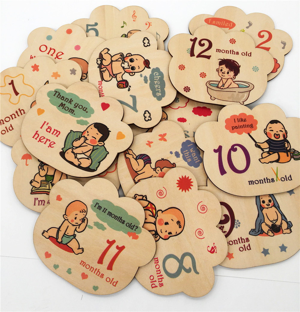 Baby Shower Gifts 12 Months Wood Discs Carving Crafts Baby Milestone Cards Wooden