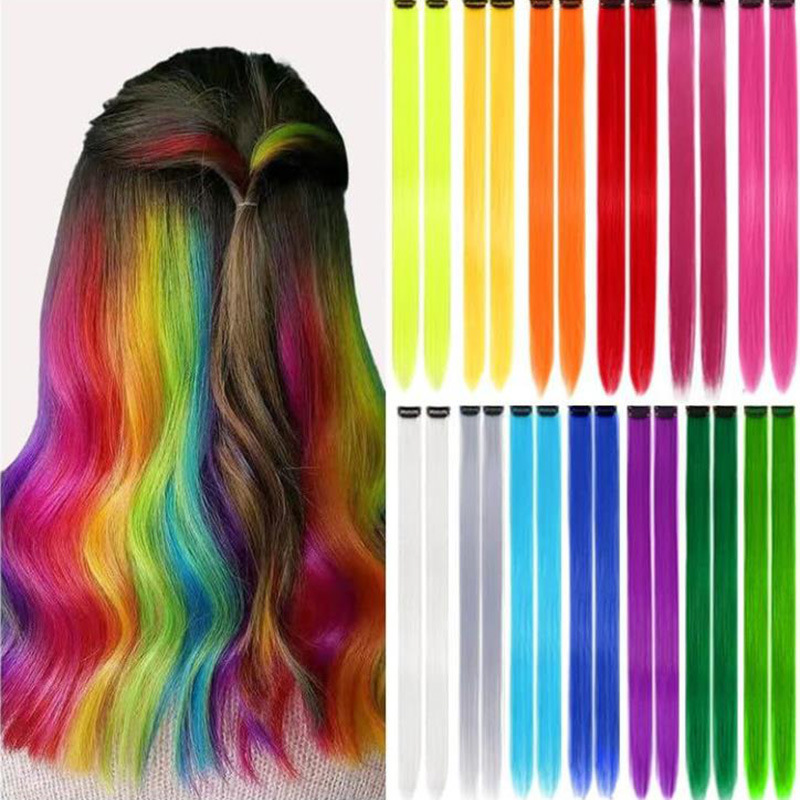 Colorful Wig Highlight Rainbow Hair Extensions Wigs Clip In One Piece 22 Inches Straight Wig Pieces Synthetic Hair