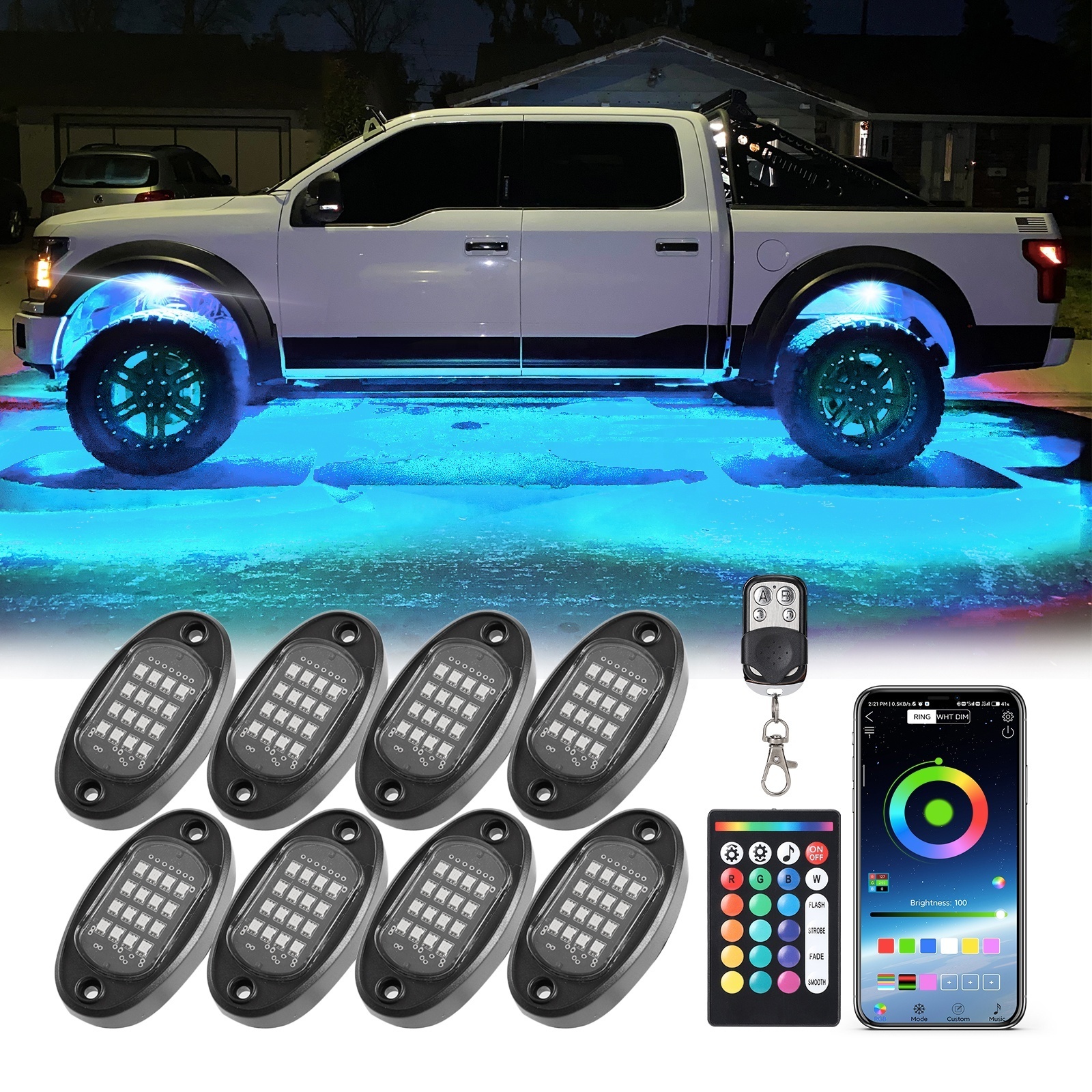 8Pods RGB LED Rock Light wiht APP Remote Control 16LED 36w Underglow Lights Chasing for Offroad Truck